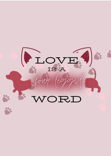 Pink theme logo that says, 'Love is a four letter word' with a cat ears, dog, and paw prints. 