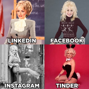 dolly parton in a collage of four different photos that are labeled linkedin, facebook, instagram, and tinder