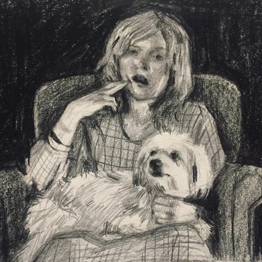 Drawing of woman with dog in chair