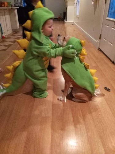Dog and toddler in matching dinosaur onesies.