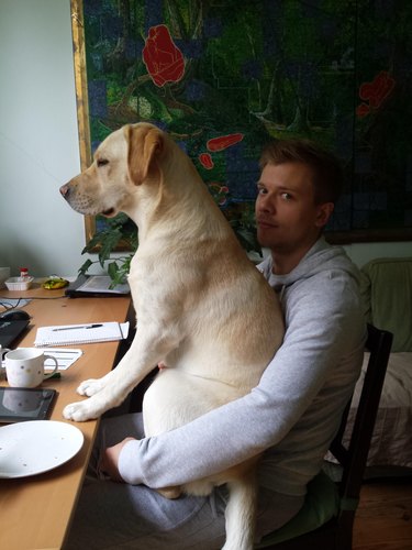 Photo of a man sitting on a chair at a wooden desk with a large yellow Labrador dog who is sitting contentedly on his lap.