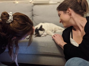 Two women are fawning over a sleeping cat on a couch.