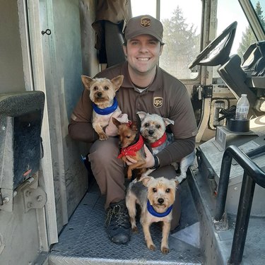 UPS driver in truck with four small dogs.