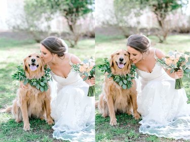 dog in flower collar poses with bride at wedding