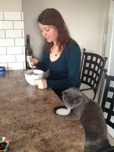 Cat drinking milk on table with a person eating cereal