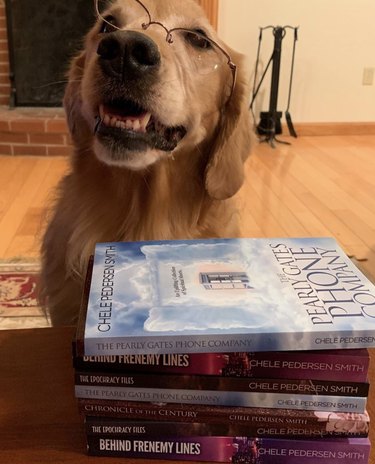 dog standing in front of pile of books