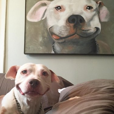 Smiling dog with painting of itself