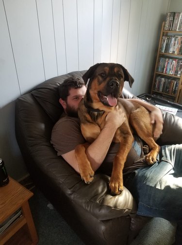 man holds giant puppy