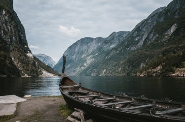 Wooden viking boat on the coastline