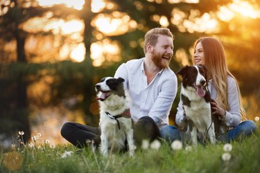 Romantic happy couple in love enjoying their time with pets