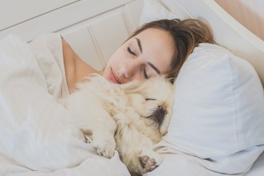 Girl and her dog in the bed.