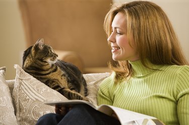 Woman With Pet Tabby Cat on Sofa