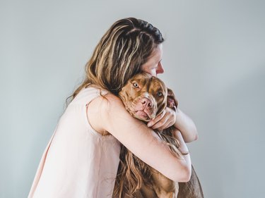 Stylish woman and a charming puppy. Close-up