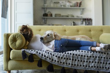 Girl sleeping on couch with her golden retriever dog