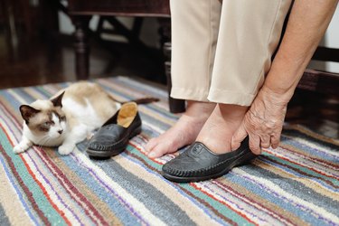 cat next to woman putting on her shoes