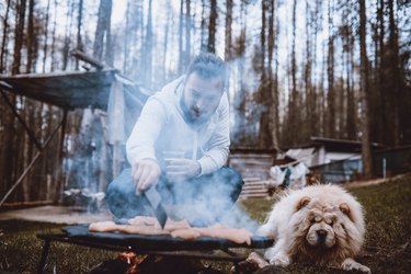 Handsome Male Flipping Barbecue Meat While Dog Drools