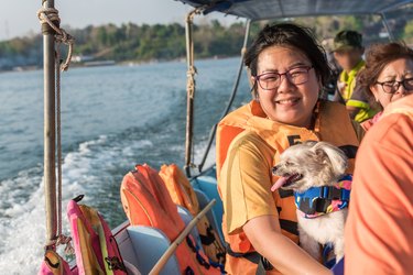Portrait Of Smiling Woman Sitting With Dog On Boat In Sea