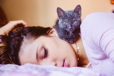woman sleeping while cat climbs on her