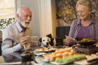 Senior couple eating sushi with their dog at the table