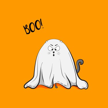 Vector scary playful cat ghost illustration. Halloween 2018 greeting card. October autumn holiday spooky animal cute childish art concept. Trick or treat wallpaper