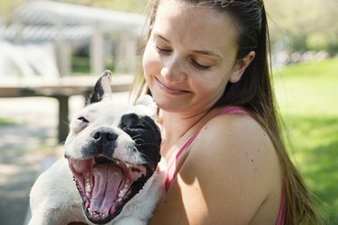 Young adult woman in a park with a french bulldog