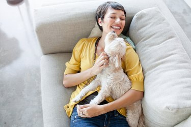 Young woman hugging dog on living room sofa