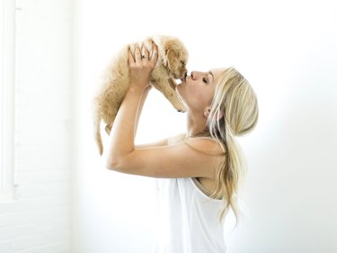 Studio shot of owner kissing Golden Retriever puppy