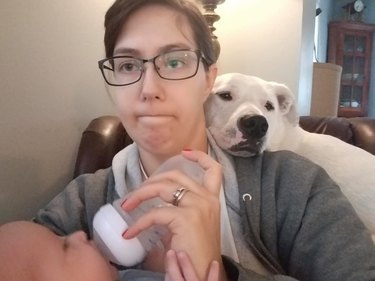 dog cuddled with woman
