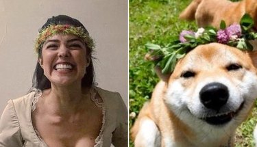 ari afsar and a dog with flower crowns and big smiles