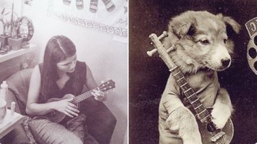 phillipa soo and a dog with ukuleles