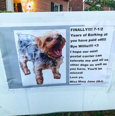 A dog writes goodbye note for a retiring mailman.