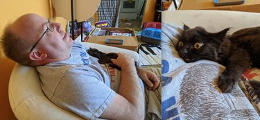 black cat sleeps on man's chest