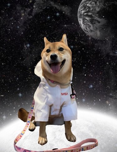 dog in NASA uniform in space