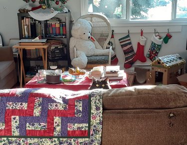 cat hiding in plain sight peering over couch