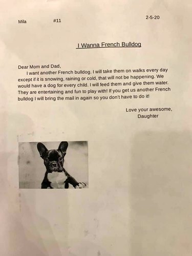 A girl asks parents to adopt another dog in cute letter.