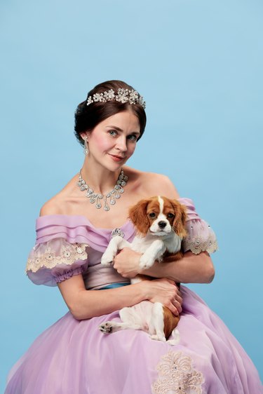 Young charming woman in lilac color vintage dress as royal person, princess holding small King Charles spaniel dog on blue background.