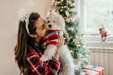 Millennial girl playing with dog during Christmas
