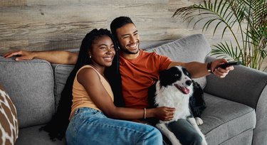 Shot of a happy young couple sitting on the sofa at home with their Border Collie and watching television
