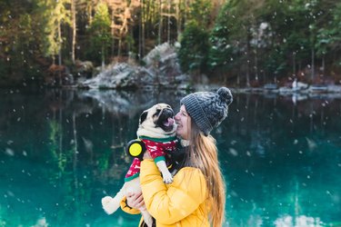 Young woman and cute dog meets snowy Christmas Day at the beautiful lake in Switzerland