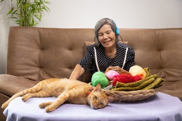 Knitting, Music and cat with an elderly woman