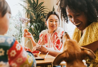 A woman looks amused as a friend gives in and gives a mischievous dog a little bit of pizza from the table