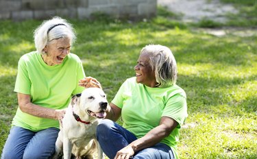 Two senior women volunteer at animal shelter, with dog