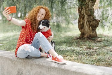 Woman sitting in the park with her collie dog taking a selfie.