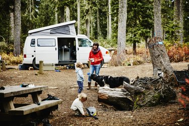 Smiling mother camping with children and dogs