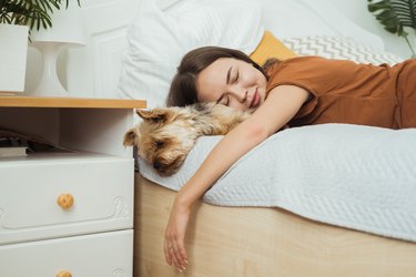 A young woman is sleeping on a bed with a Yorkshire terrier.