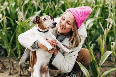 Happy teenage girl hugging her dog Jack Russell terrier in a field against a background of a cornfield in autumn
