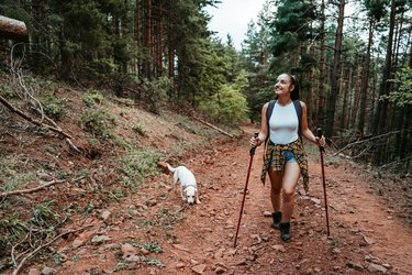 Young Woman Hiking With Her Dog On A Trail In The Woods