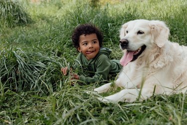 small boy on grass with large white dog