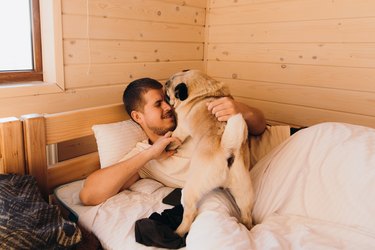 Man having cozy morning embracing with his dog