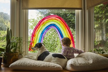 A baby sitting in a windowsill under a rainbow painted on the window, with her small dog.